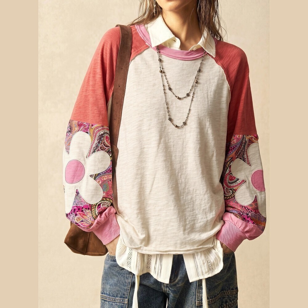 Cream Paisley Floral Applique Patchwork Raglan Sleeve Sweatshirt
